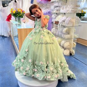 Abiti da ragazza di fiore verde salvia di lusso 2024 Mariachi Kids Fancy Natale Compleanno Bambino Abito messicano Spettacolo Charro Florals Mariachi Quinceanera Kids