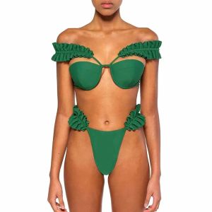 Ställ in massiv färg veckad design Push Up Swimsuit Sexig Micro Bikini Tvåbit Cut Out Naken Pool Swime Ladies Tube Top Beachwear