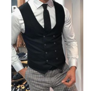 Kamizelki kamizelki kamizelki kołnierz szalik Wedding Groomsmen Dress Sukiej kurtka bez rękawów długa szydełka kamizelka Komitek Kobiet szary męski garnitury wysokiej jakości