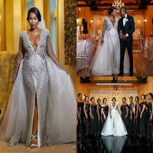 African Plus Size Wedding Dresses Deep V Neck Full Bling Beads Applique Front Split Long Sleeve Bridal Dress Sexy Mermaid Wedding Gowns
