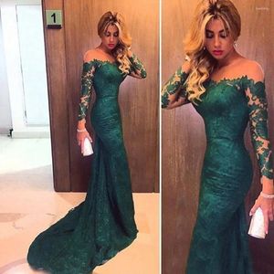 Casual Dresses Dark Green Lace Mermaid Dress Off Shoulder Long Sleeves O-Neck Slimming Sequined Fashion Wedding Party Gowns Vestidos
