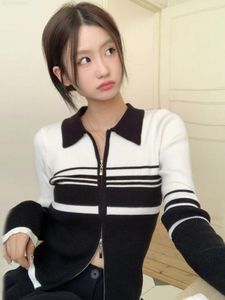 Women's Knits Patchwork Contrast Color Vintage Striped Coats Turn Down Collar Slim Y2k Knitted Sweaters 2024 All Match Women Zipper