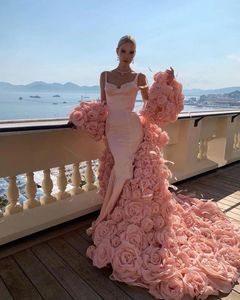 Magnificent Mermaid Prom Dresses Spaghetti 3D-Floral Appliques Detachable Sweep Train Backless Zipper Custom Made Formal Party Evening Dress Vestido De Noite