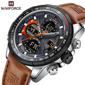 NAVIFORCE Sportuhren für Herren, starke Leuchtkraft, Dual-Display, wasserdicht, Quarz-Armbanduhr aus echtem Leder, Relogio Masculino 240227