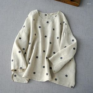 Kvinnors blusar Spring Linen Polka Dot Jacquard platt axel 9/4 ärmskjorta Pullover Top Loose Art 0816