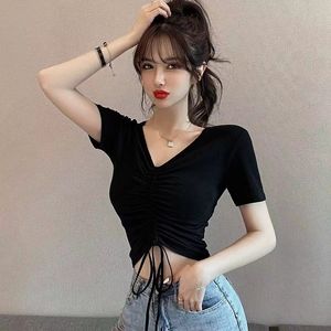 2024 Summer V-neck Short sleeved T-shirt for women with pleated drawstring strap design for a tight fit and slim waist. Short top trendy