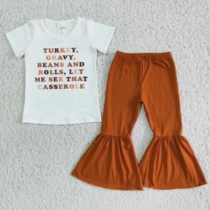 Комплекты одежды оптом на День Благодарения для маленьких девочек, детская осенняя одежда, детская белая футболка с надписью, коричневые брюки с колокольчиками