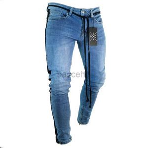 Jeans masculinos europeu americano high street moda skinny jeans homens tornozelo zíper listra preta elástica calças punk hip hop jeans homme 240308