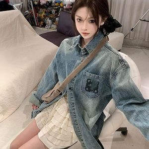 Women's spring new design denim jeans terry cloth floral embroidery loose blouse shirt