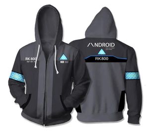 3D Tryckt hoodie -spel Detroit Bli Human RK800 Connor Cosplay Zip Up Hooded Unisex Jacket Sweatshirt Hoody Streatwear Coat V194332899