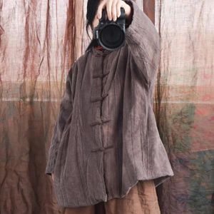 Women's Trench Coats Johnature Women Chinese Style Stand Parkas Linen Vintage Button Long Sleeve Solid Color 2024 Loose Plus Cotton