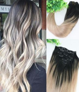 8a 7pcs 120gram Klip w ludzkich włosach przedłużenia Ombre Dark Natural Root to Ash Blonde Balayage