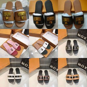 Lock It flache Mule-Hausschuhe, Designer-Damen-Luxus-Designer-Sandalen, echtes Leder, Dauphine, goldfarben, Kreisschnalle, Outdoor-Casual-Slipper, Flip-Flops, Kratzer