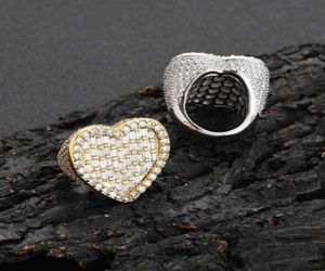 Grande anello a forma di cuore Rame placcato oro 18 carati CZ Ice out scintillanti zirconi quadrati amanti della moda gioielli maschili femminili9947668