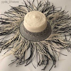 ワイドブリムハットバケツハットカジュアルな新しい手作りの女性Str Sun Hat Large Wide Wide Brim Girl High Quality Raffia Panama Beach Str Sun CS for HolidayL240308