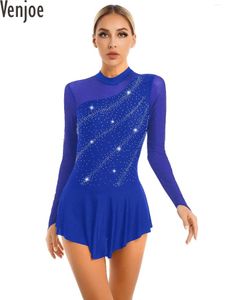 Scen Wear Womens Figur Skating Dance Dresses Glitter Rhinestone Sheer Mesh Långärmad gymnastik Leotard Dress Ballet Latin Dancewear