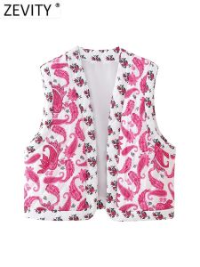 Delekler Zevity kadınlar vintage kaju fıstığı çiçek baskısı açık dikiş yeleği ceket bayanlar kolsuz gündelik hırka yelek üstleri ct5550