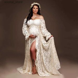 マタニティドレス2 in 1 boho Maternity Photography Dress Bohemian妊娠写真撮影長い妊娠中のチュール女性フローラルレースドレスl240308