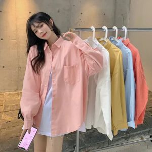 Skjorta Lucyever 2023 Sping Autumn Long Sleeve Women Shirt Top Korean Style Lapel Pink Yellow Blouse Woman Loose Casual Shirts