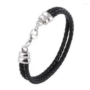 Braccialetti con ciondoli Bracciale alla moda in pelle intrecciata nera a doppio strato Bracciale da uomo in acciaio inossidabile con chiusura a moschettone per gioielli casual da donna