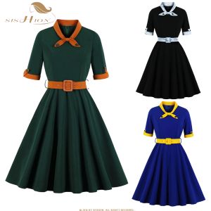 Sukienka retro patchwork midi sukienka dla kobiet 2023 Swing liniowy vintage Rockabilly sukienka z paskiem zielona szata femme vestidos vd2089