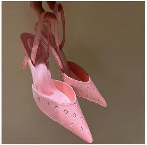 우아한 드레스 슈 모조 다이아몬드 하이힐 뒷다리 샌들 새틴 핑크 여자 디자이너 패션 신발 고품질 공장 신발 슬링 백 01