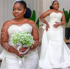 2024 Perle di lusso Plus Size Abiti da sposa a sirena con strascico staccabile Applicazioni in pizzo Abito da sposa Maniche lunghe Robe De Mariee