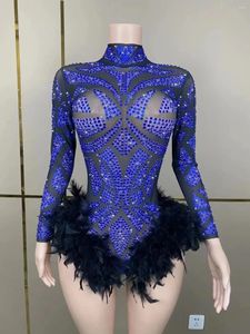 Sahne Giyim Seksi Mavi Rhinestones Streç Siyah tüy örgü Bodysuit Dans Doğum Düğün Kutlama Kostüm Poshoot