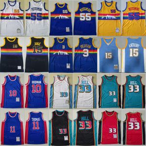 빈티지 농구 후퇴 Dikembe Mutombo Jersey 55 Carmelo Anthony 15 Allen Iverson 3 Grant Hill 33 Isiah Thomas 11 Dennis Rodman 10 Blue White Black Retro