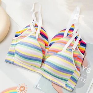 Bras 2024 Rainbow Cotton Thin Cup Push Up Bra Small Chest No Steel Ring Wirelss Soft Student Sweet