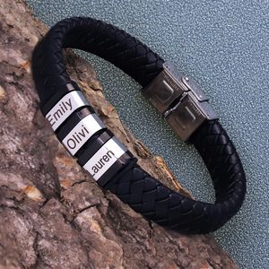 Personalizado masculino pulseira de couro genuíno aço inoxidável contas personalizadas nome charme pulseira jóias para homem com caixa de presente 240301