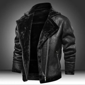 Mens Winter Fleece Motorcycle Leather Jacket Plus Velvet Thick Retro Vintage Leisure Male Outwear Warm Cashmere Inner Coats 240227