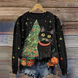 Camiseta feminina com capuz estampa de natal, pulôver de manga comprida, blusa feia com estampa de gato, sobretudo coreano, casual, streetwear