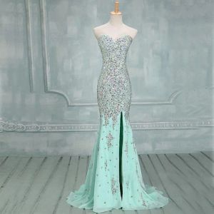 Elegant Sweetheart Mermaid Mint Prom Dresses Side Slit Beaded Sier Stones Evening Gowns Sparkly Sexy Formal Long Pageant Custom Dress