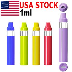 USA Stock 1ML VAPE PEN Disponerbar e-cigarettpress i full transparenta tankar Tjocka oljeförångare Stamfri Postless Ceramic spole tomt uppladdningsbart 400mAh-batteri