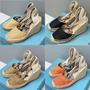 Designers Women Wedge Sandals Espadrilles High Heels Leather Platform Heels Ankle Lace-up Summer Fashion Straw Casual Shoes With Box 536
