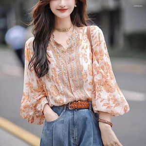 Blusas femininas comute vintage floral folk impresso camisa feminina roupas em torno do pescoço 2024 primavera verão 3/4 manga elegante botão solto