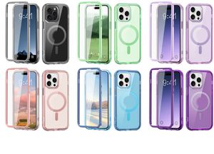 Magnetiska trådlösa laddningsfodral för iPhone 15 Plus 14 Pro Max 13 12 11 Samsung S24 Ultra 2in1 Bling Clear Transparent Hård plast PC Soft TPU Fashion Suffsäkert omslag