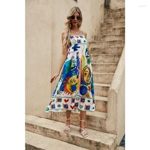 Casual Dresses 2024 Spring Summer Sexy Women's Clothing Sling Graffiti Printing Sleeveless Swing Dress