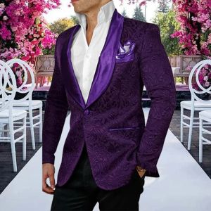 Abiti Abito viola da uomo 2 pezzi Night Plum Paisley Giacca da pranzo Stampa floreale Abito da uomo in raso Abito da sposa Prom Party Dress Tuxedo