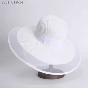 Breda brimhattar hink hattar elegant svart vit solstrand hatt bred brimveil netting fedora diskett stora grim kvinnor sommarsträng hattar uv skydd sol hattar l240308