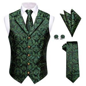 Vests Chaleco Hombre Green Retro Vest for Man Business Party Classic 5 Buttons Luxury Waistcoat Men Necktie Pocket Square Cufflink Set