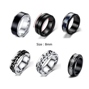 Anelli a fascia 6mm 8mm catena in acciaio inossidabile anello rotante personalizzato anti ansia agitazione per donna uomo gioielli alla moda regalo nero Sliv Dhxib