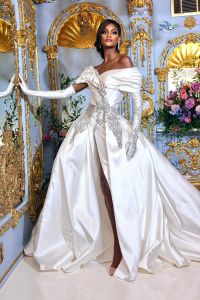 Aso Ebi African Princess Mermaid Wedding Dresses with Detachable Crystal Embroidery Slit Puffy Train Bateau Bridal Gown robes de mariee 2024