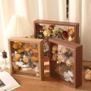 Flower Display Frame Transparent Bouquet Dry Wood Box Wall Mount Exempel Lagring Heminredning 240306