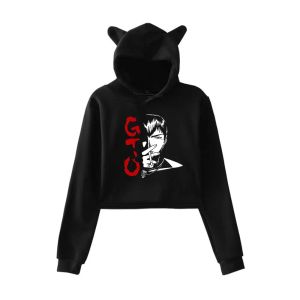 Camiseta grande professor onizuka anime gato orelha hoodie feminino manga longa recortada sweatshirts feminino casual streetwear colheita topos