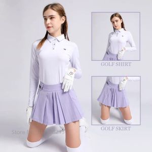 Dresses SG Ladies Korean Style TShirts Women Longsleeve Slim Golf Shirt Girl Purple Pleated Golf Skirt Elegant Skort with Inner Shorts