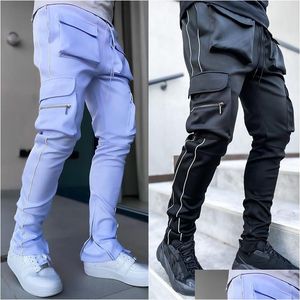 Men'S Pants Casual Stripe Reflective Pants Mti-Pocket Logo Hip Hop Streetwear Large Size Trousers Men Cargo Sweatpants Drop Delivery Dh3Op