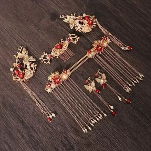 Ancient Chinese Style Women Long Tassel Step Shake Flower Hairpin Clip Hair Comb Earring Jewelry Bridal Headpiece Pin Accessorie 240305