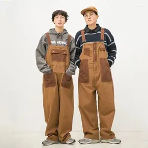 Herrbyxor japanska retro overaller brun färg casual par lösa raka byxor salopetter romper jumpsuit